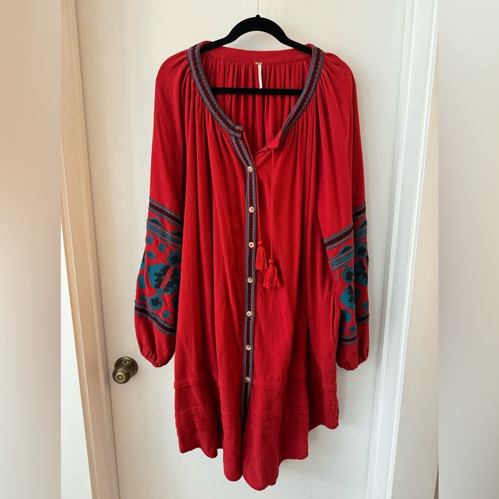 Free People Red Long Sleeve Dress with Blue Accents